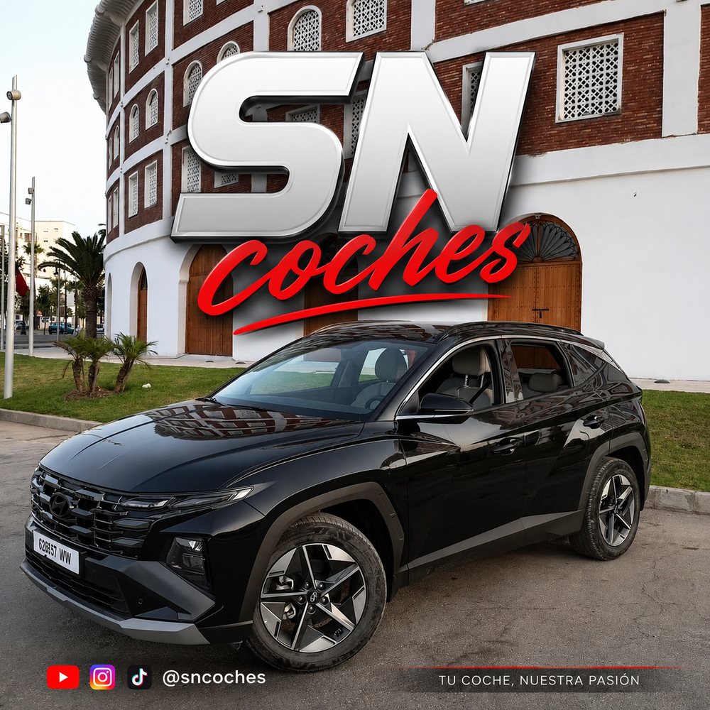 Affiche SN Coches : Hyundai Tucson noir devant la Plaza de Toros de Tanger